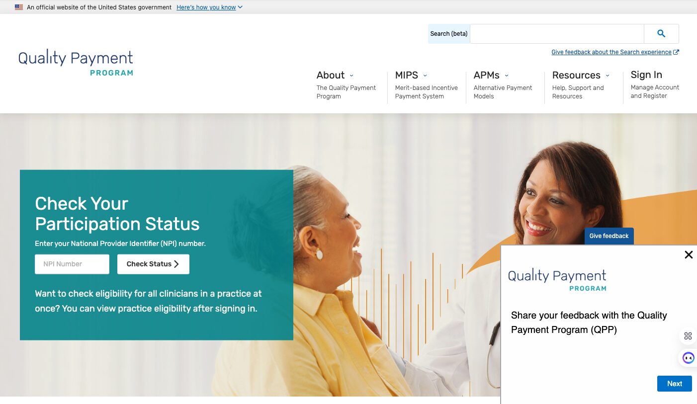 qpp QPP site showing site intercept survey popup