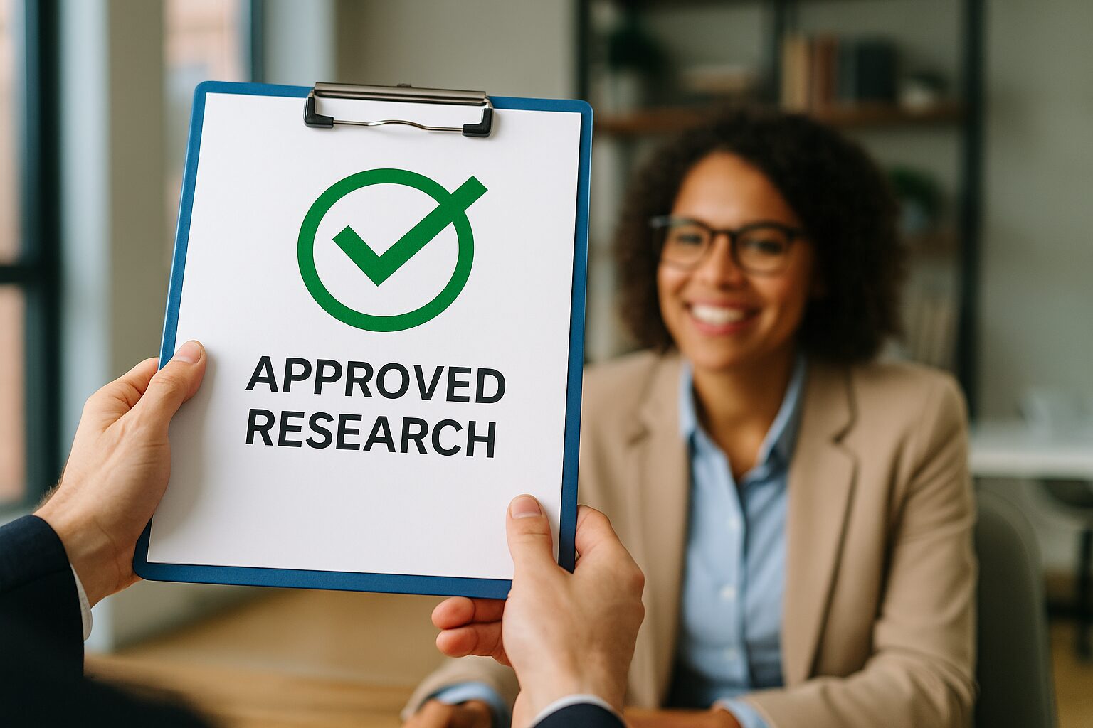 Woman smiling while man holds clipboard with paper saying 